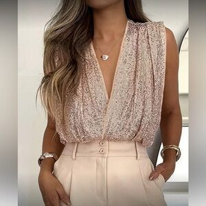 Elegant Sequin V-Neck Top - Pink